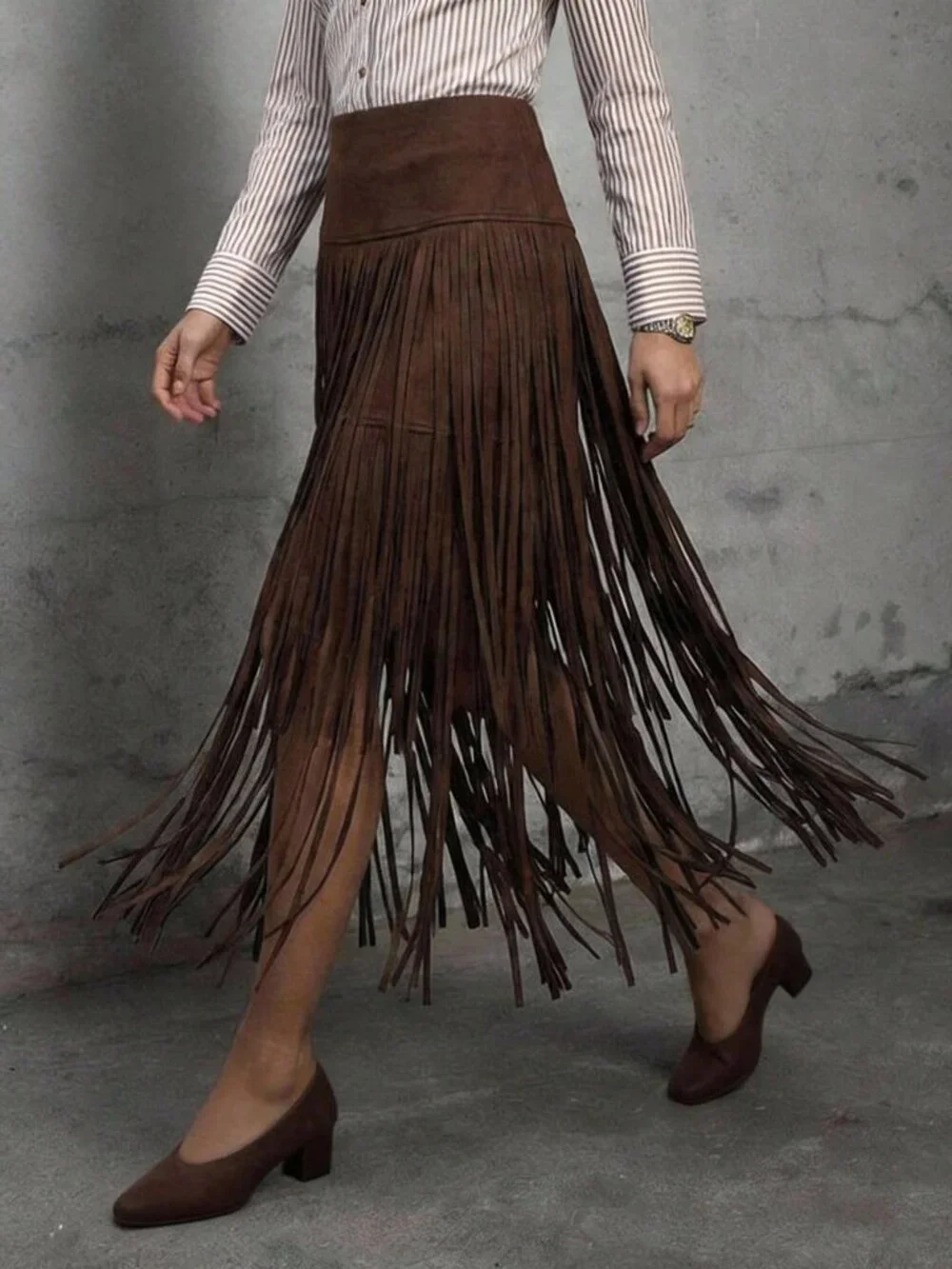 Brown Casual Women's Mid-Waist Fringe Tassel A-Line Skirt